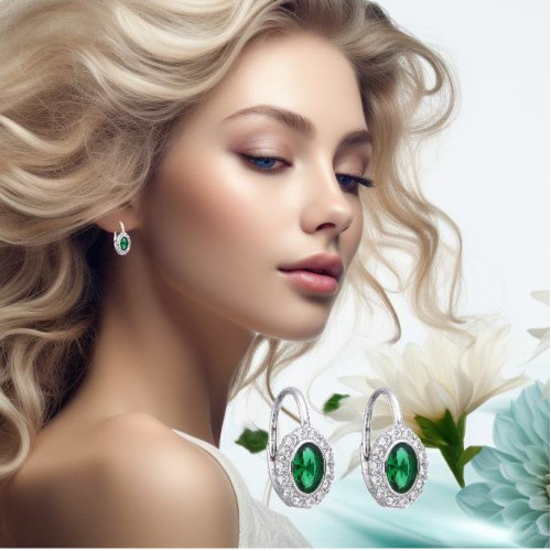 Zöld ovális gyönyörű francia kapcsos ezüst alkalmi fülbevaló
