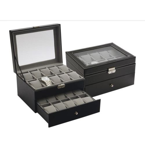 Elegáns fekete férfi óratartó díszdoboz, ecobőr, kétfiókos