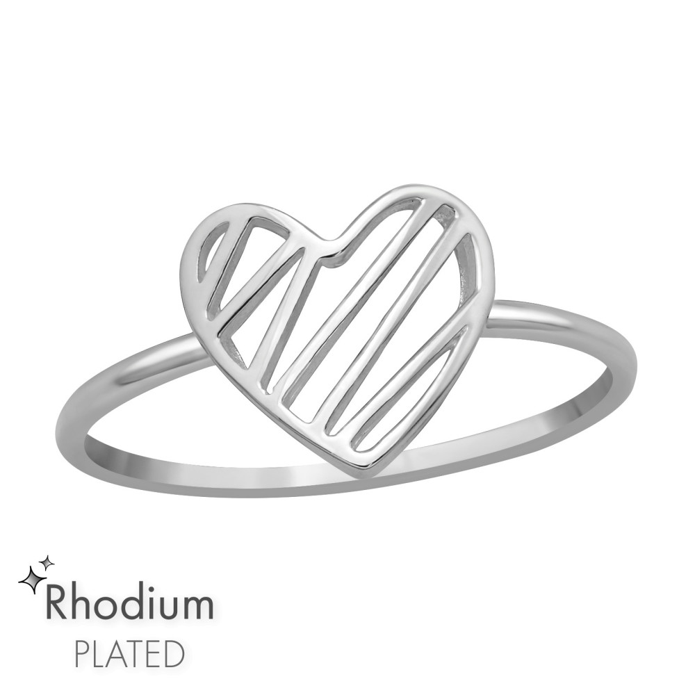 Szív vonalkázott ródium bevonatos ezüst gyűrű
