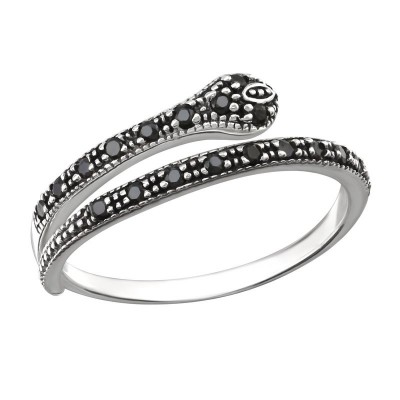 Kígyó ezüst gyűrű, fekete köves - 31376EKW
