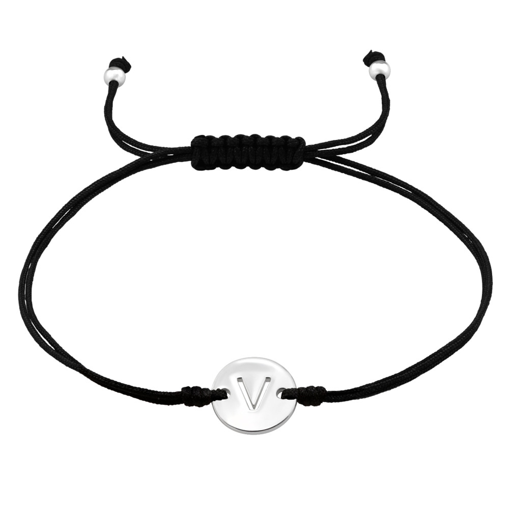 Betű v monogram ezüst medálos fekete zsinóros állítható karkötő