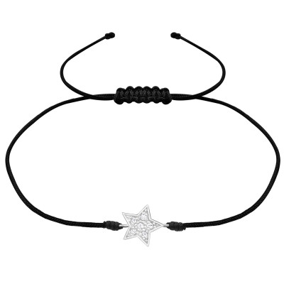 Csillag cirkónia köves ezüst medálos fekete zsinóros állítható karkötő
