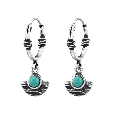 Türkizkék függős Bali stílusú ezüst női karikafülbevaló
