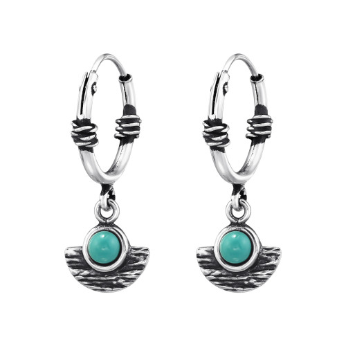 Türkizkék függős Bali stílusú ezüst női karikafülbevaló