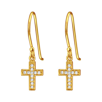 Kereszt 24k aranyozott cirkónia köves ezüst akasztós fülbevaló