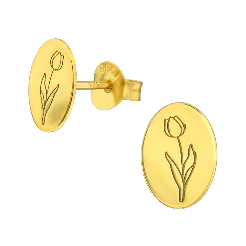Ovális tulipán ezüst stift fülbevaló, 24k aranyozott Ovális tulipán ezüst stift fülbevaló, 24k aranyozott