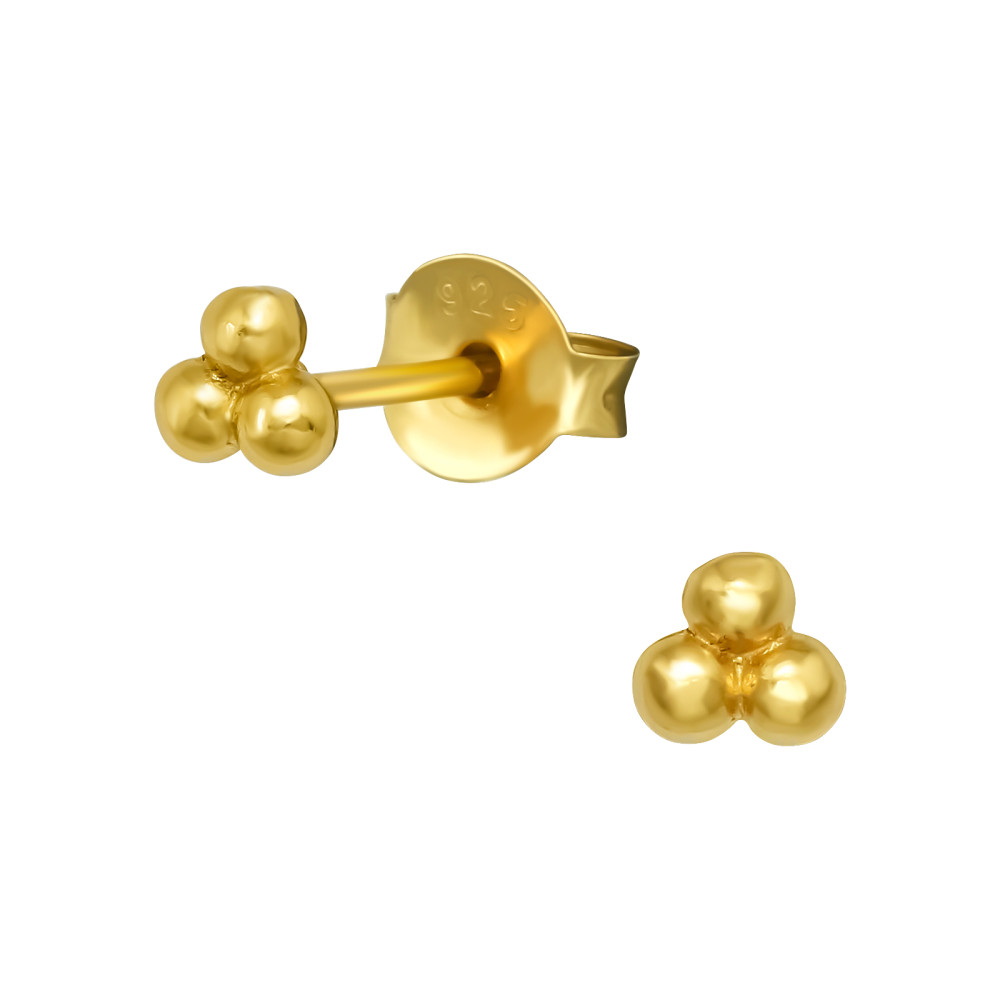 3 golyós ezüst stift fülbevaló, 24k aranyozott 3 golyós ezüst stift fülbevaló, 24k aranyozott