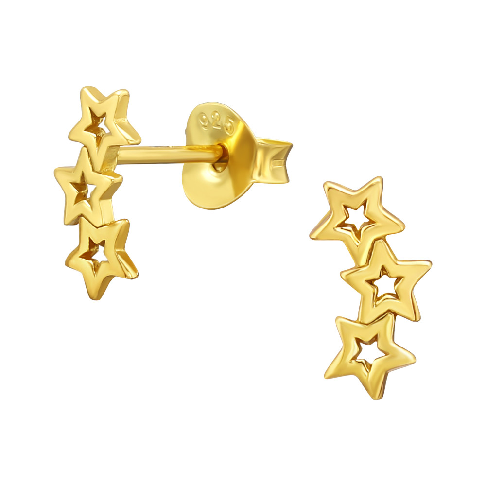3 csillagos ezüst stift fülbevaló, 24k aranyozott 3 csillagos ezüst stift fülbevaló, 24k aranyozott