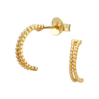 Hajlított, dupla soros ezüst stift fülbevaló, 24k aranyozott