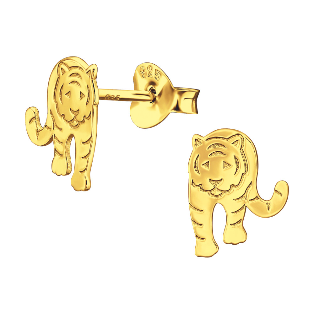 Tigris ezüst stift fülbevaló, 24k aranyozott