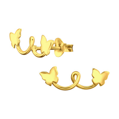 Dupla pillangó spirál ezüst stift fülbevaló, 24k aranyozott