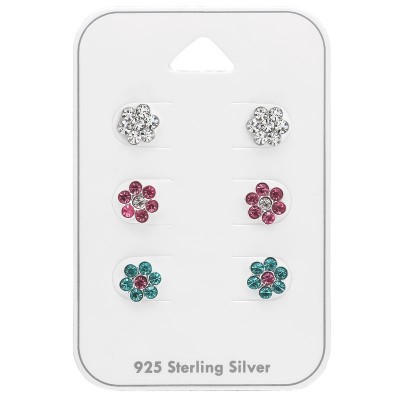 Fehér, rózsaszín, kék virágos ezüst stift  fülbevaló szett kártyán - 43796EKW