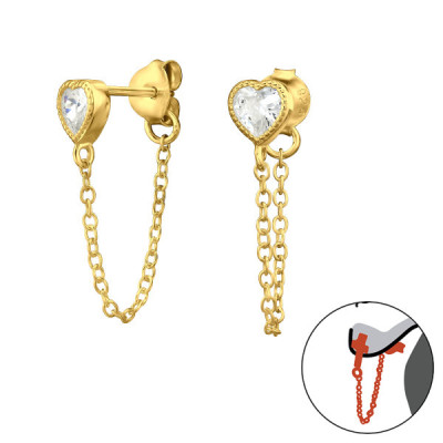 Aranyozott szív láncos fehér cirkónia köves 925 ezüst stift fülbevaló, kétoldalas