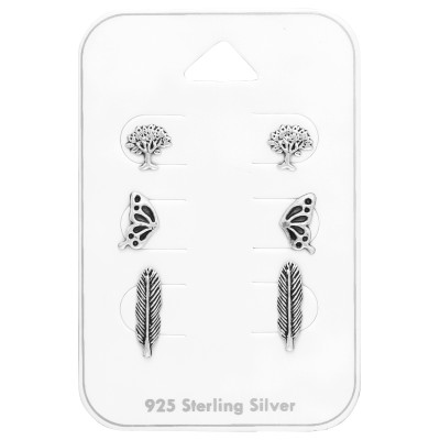 Életfa, lepke, toll oxidált ezüst stift fülbevaló szett kártyán Életfa, lepke, toll oxidált ezüst stift fülbevaló szett kártyán