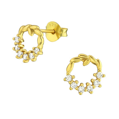 Koszorú fehér cirkónia köves ezüst stift fülbevaló, 24k aranyozott