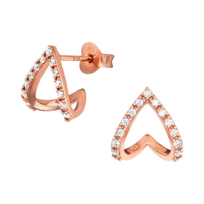 Szív 3d cirkónia köves ezüst stift fülbevaló, 18k rózsa aranyozott