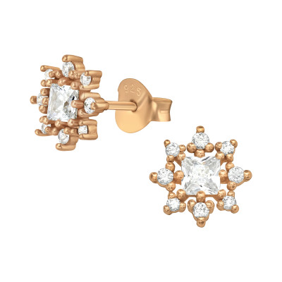 Virág fehér cirkónia köves ezüst stift fülbevaló, 18k rózsa aranyozott