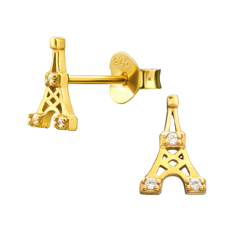 Párizs eiffel torony fehér cirkónia köves ezüst stift fülbevaló, 24k aranyozott