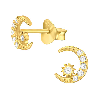 Hold és csillag cirkónia köves ezüst stift fülbevaló, 24k aranyozott