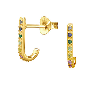 Ívelt színes cirkónia köves ezüst stift fülbevaló, 24k aranyozott