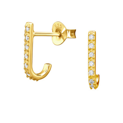 Ívelt fehér cirkónia köves ezüst stift fülbevaló, 24k aranyozott