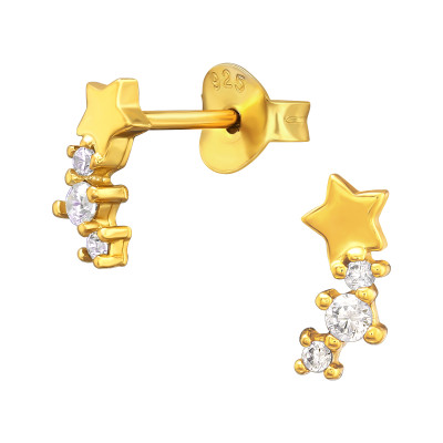 Csillaghullás cirkónia köves ezüst stift fülbevaló, 24k aranyozott