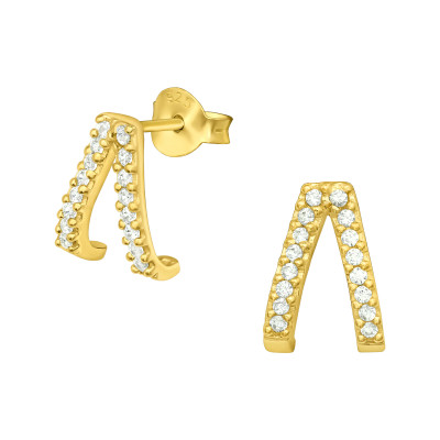 V forma alkalmi cirkónia köves ezüst stift fülbevaló, 24k aranyozott