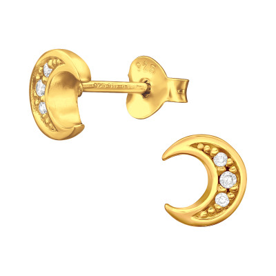 Hold cirkónia köves ezüst stift fülbevaló, 24k aranyozott