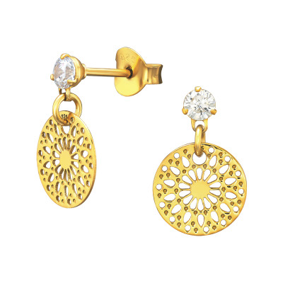 Elegáns kerek mintás aranyozott fehér cirkónia köves 925 ezüst stift fülbevaló