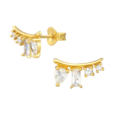 Ívelt 4 fehér cirkónia köves 925 ezüst stift fülbevaló, aranyozott