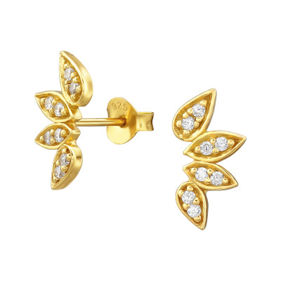 Aranyozott levelek fehér apró cirkónia köves 925 ezüst stift fülbevaló Aranyozott levelek fehér apró cirkónia köves 925 ezüst stift fülbevaló