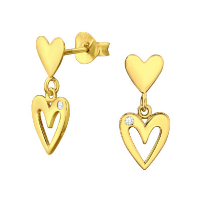 Dupla Szív függővel aranyozott cirkónia köves 925 ezüst stift fülbevaló