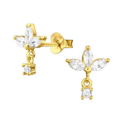 Virág függővel, fehér cirkónia köves 925 ezüst stift fülbevaló, aranyozott