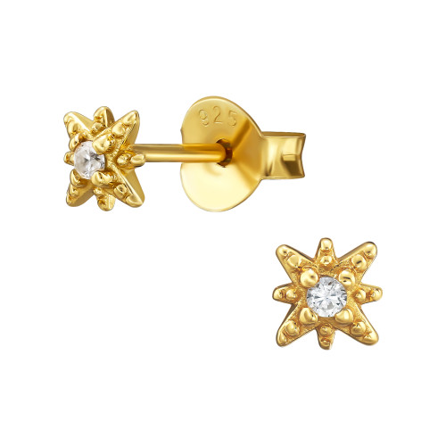 Sarkcsillag cirkónia köves 925 ezüst stift fülbevaló, aranyozott