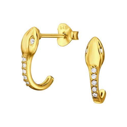Aranyozott félkarika kígyós cirkónia köves 925 ezüst stift fülbevaló