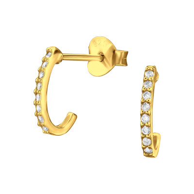 Félkarika elegáns, finom ezüst fülbevaló, cirkónia köves, aranyozott