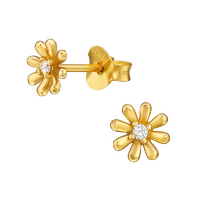 Virág, arany bevonatos elegáns, finom ezüst fülbevaló, cirkónia köves