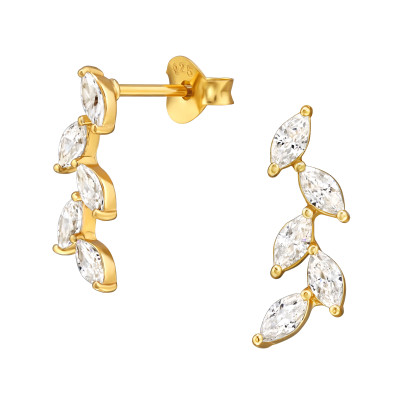 Levelek, aranyozott elegáns, finom ezüst fülbevaló, cirkónia köves