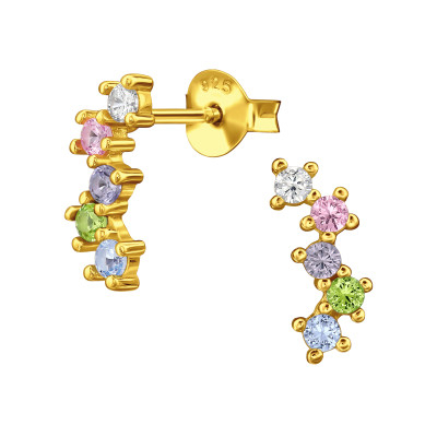 Ívelt színes elegáns, finom ezüst fülbevaló, cirkónia köves, aranyozott