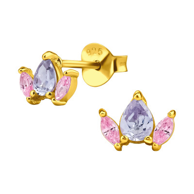 3 köves elegáns, finom ezüst fülbevaló, cirkónia köves, aranyozott