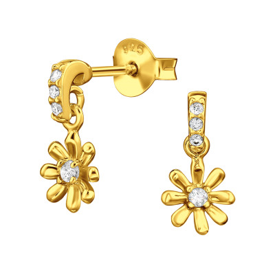 Virág félköríves elegáns, finom ezüst fülbevaló, cirkónia köves, aranyozott