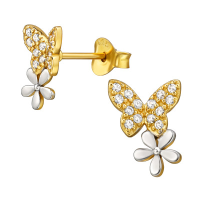 Pillangós aranyozott elegáns, finom ezüst fülbevaló, cirkónia köves