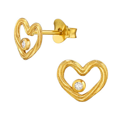 Szív, csavart elegáns, finom ezüst fülbevaló, cirkónia köves, aranyozott
