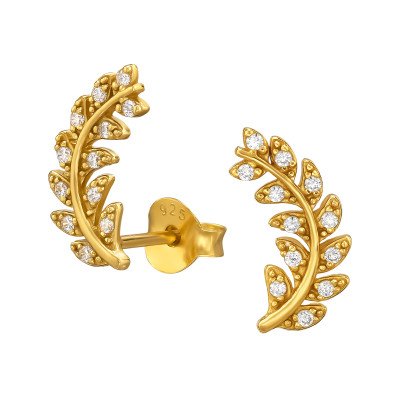 Ívelt leveles elegáns, finom ezüst fülbevaló, cirkónia köves, aranyozott