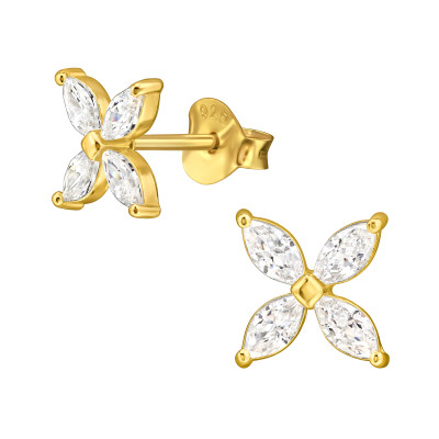 Virág, négy szirmú elegáns, finom ezüst fülbevaló, cirkónia köves, aranyozott