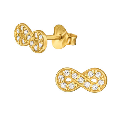 Végtelen jel, aranyozott elegáns, finom ezüst fülbevaló, cirkónia köves