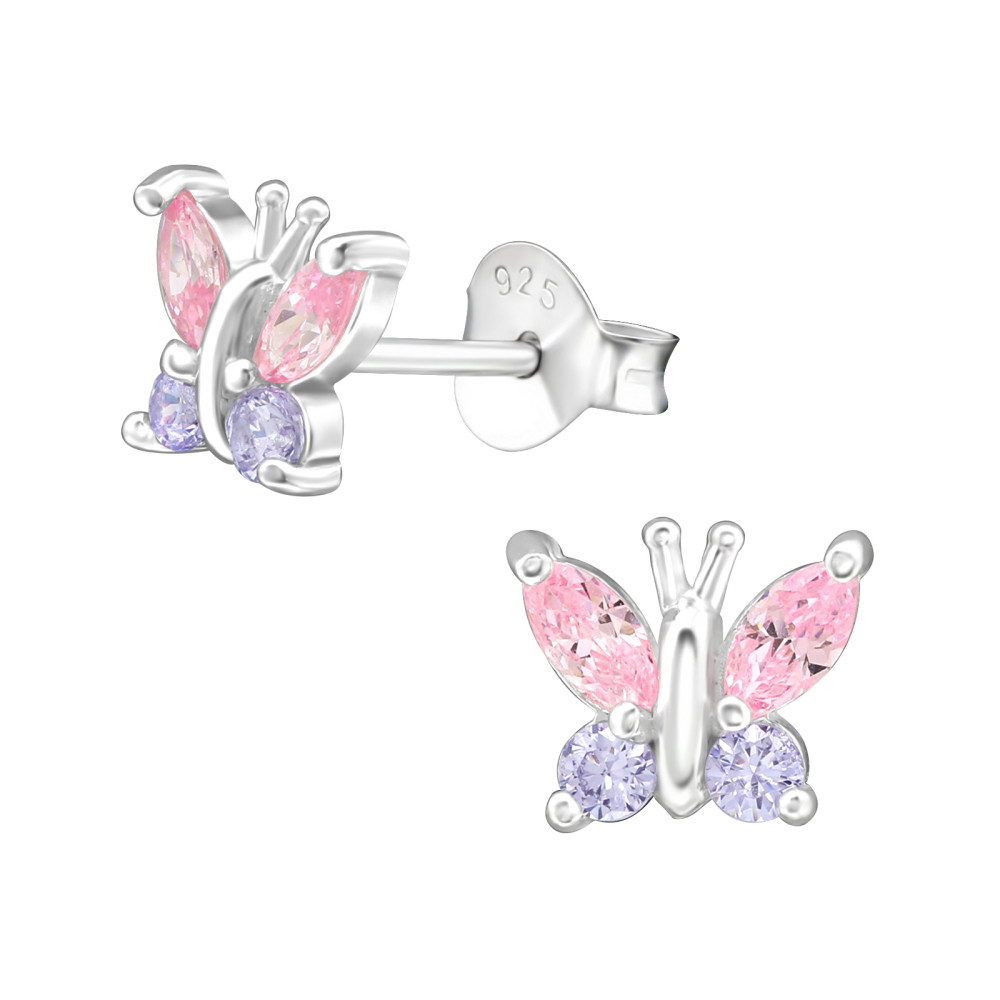 Pillangó lila és pink cirkónia köves ezüst stift fülbevaló Pillangó lila és pink cirkónia köves ezüst stift fülbevaló