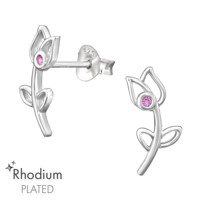 Tulipán pink cirkónia köves 925 ezüst stift fülbevaló, ródiumos