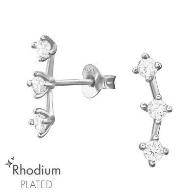 3 fehér cirkónia köves 925 ezüst stift fülbevaló, ródiumos