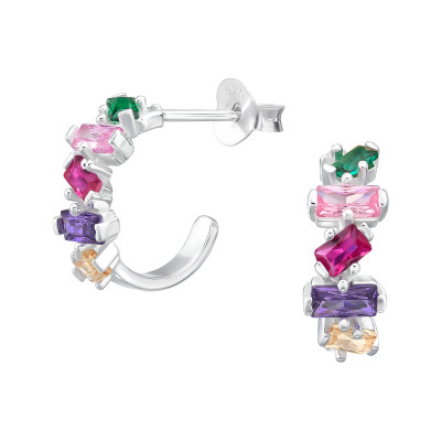 Félkarika négyzetes színes cirkónia köves 925 ezüst stift fülbevaló